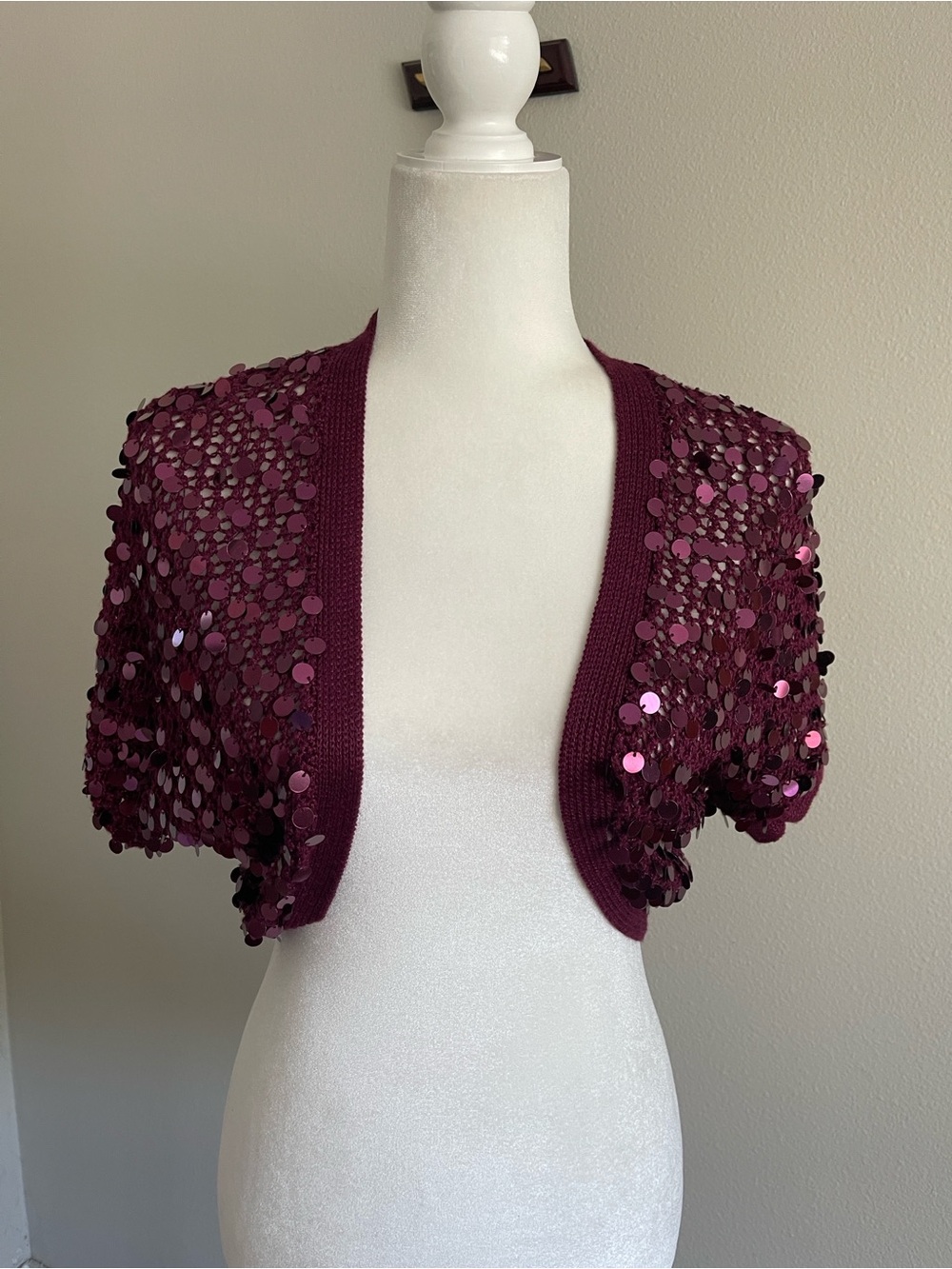 Sequin Cropped Bolero Shrug in Plum